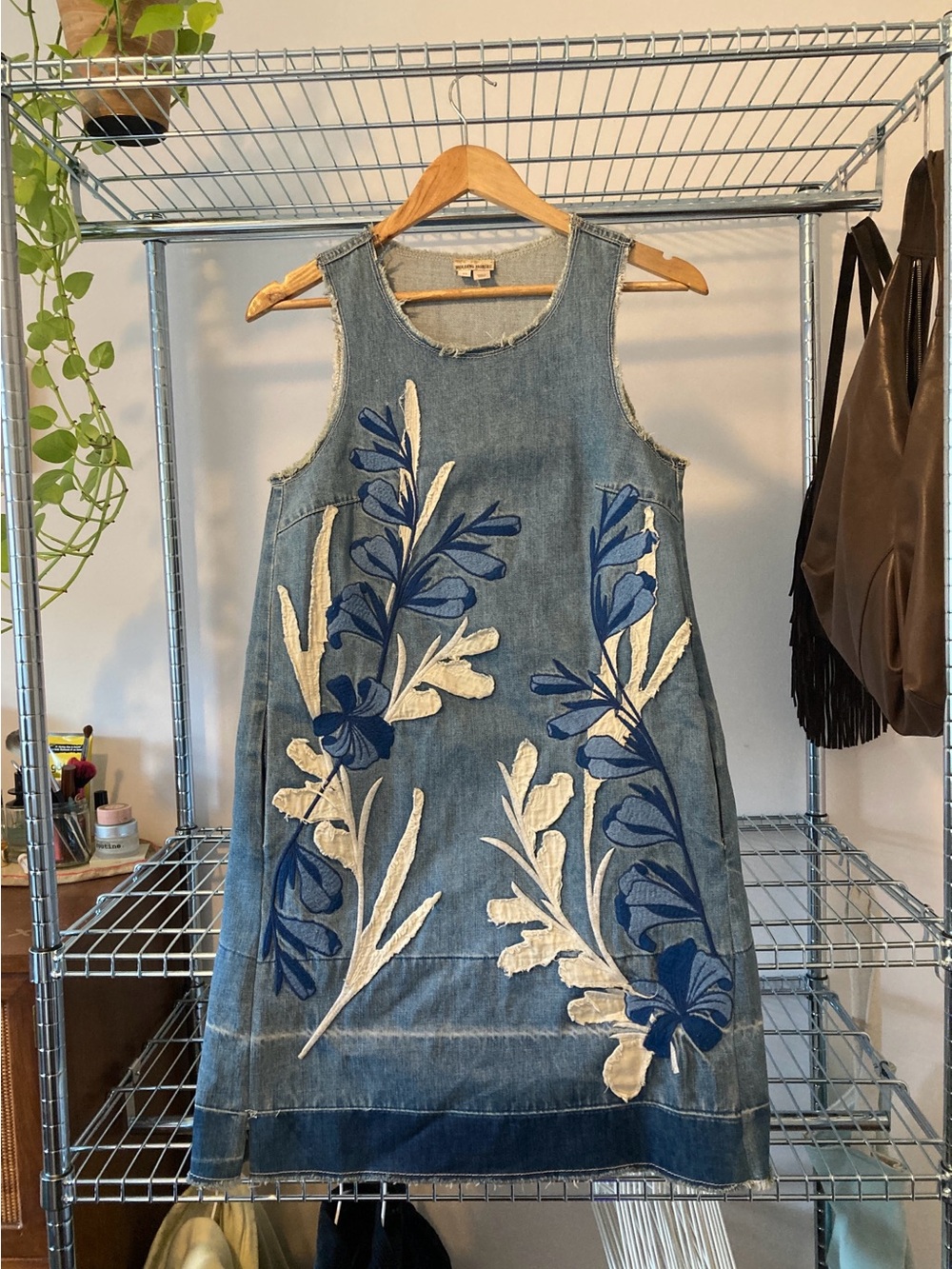 Anthropologie Denim Midi Dress with Blue and Cream Floral Embroidery